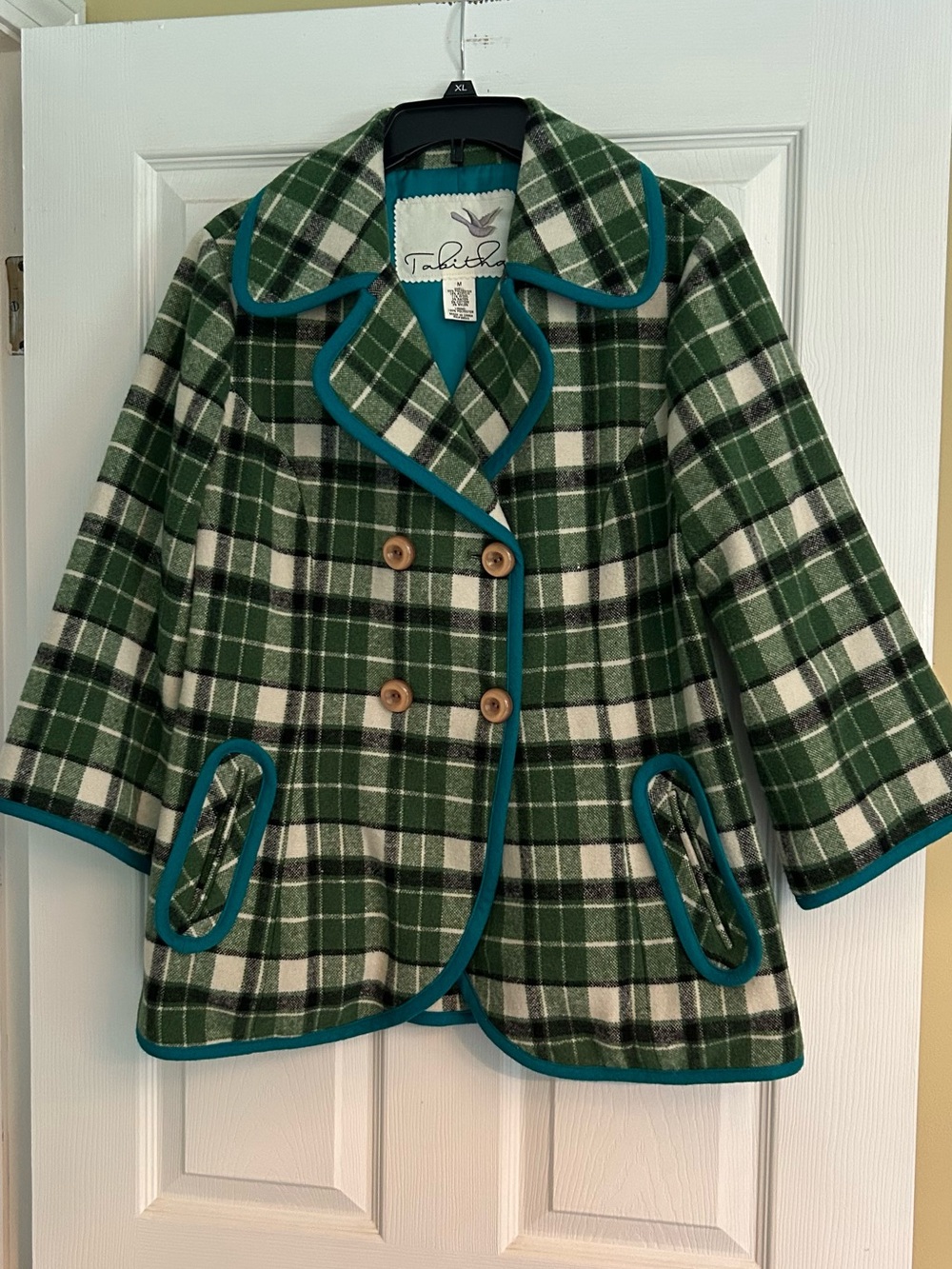 Tabitha Green and Cream Plaid Double Breasted Peacoat with Teal Trim.